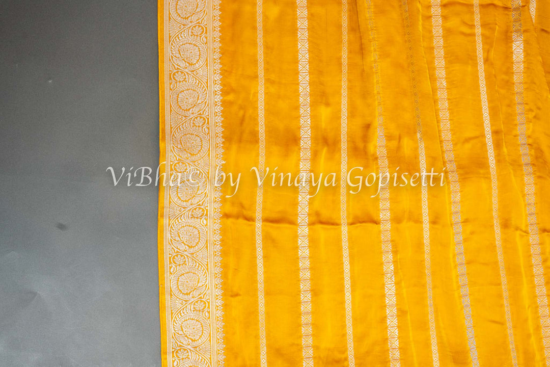 Mustard Yellow Zari Lines and Pichwai Pallu Banarasi Silk Saree with Blouse