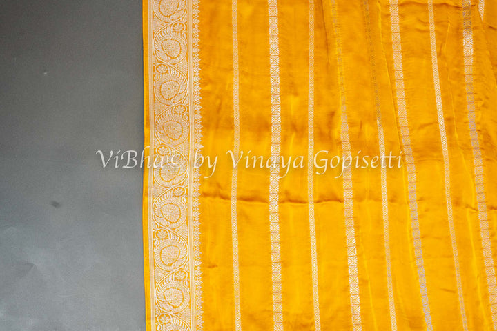 Mustard Yellow Zari Lines and Pichwai Pallu Banarasi Silk Saree with Blouse