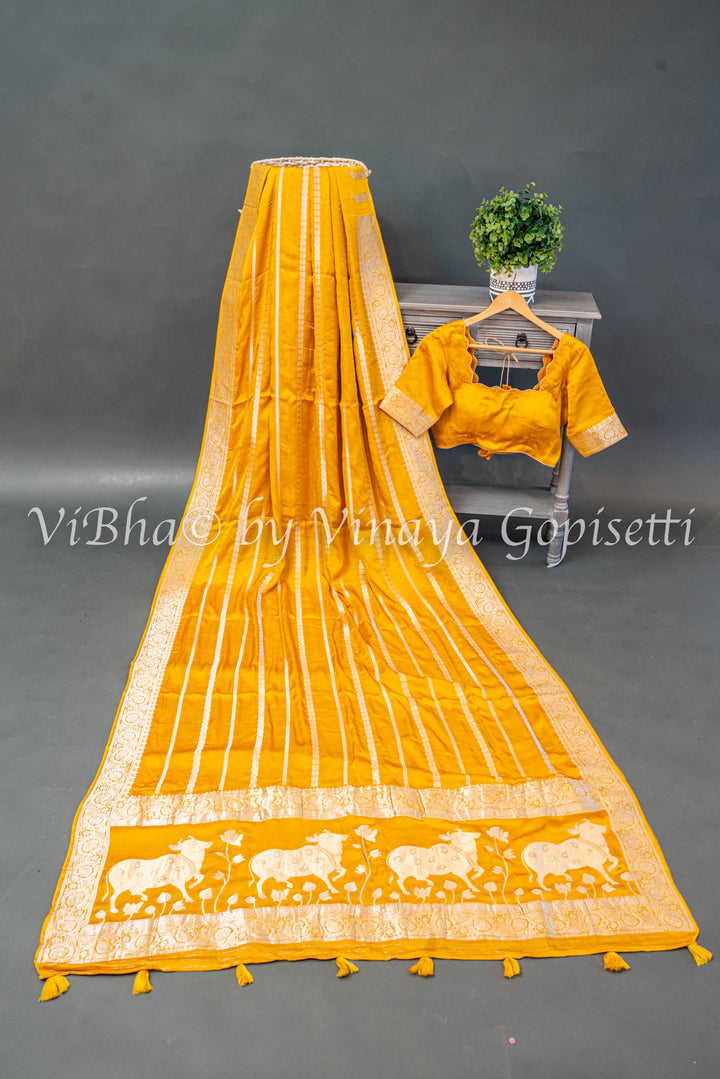 Mustard Yellow Zari Lines and Pichwai Pallu Banarasi Silk Saree with Blouse