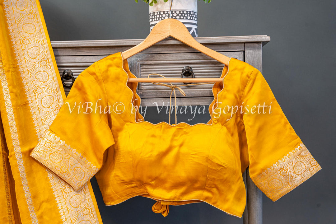 Mustard Yellow Zari Lines and Pichwai Pallu Banarasi Silk Saree with Blouse