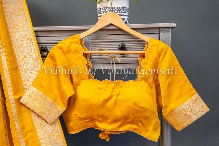 Mustard Yellow Zari Lines and Pichwai Pallu Banarasi Silk Saree with Blouse