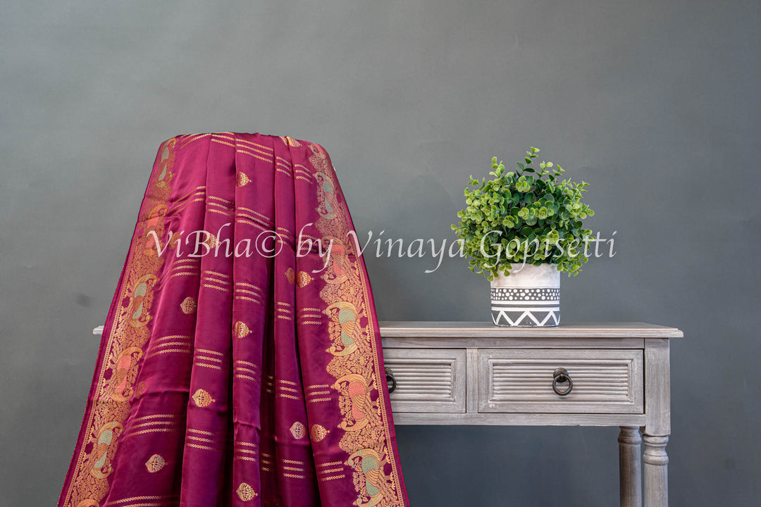 Dark Wine Raw Mango Banarasi Silk Saree And Blouse Wirh Lines Zari And Meenakari Work