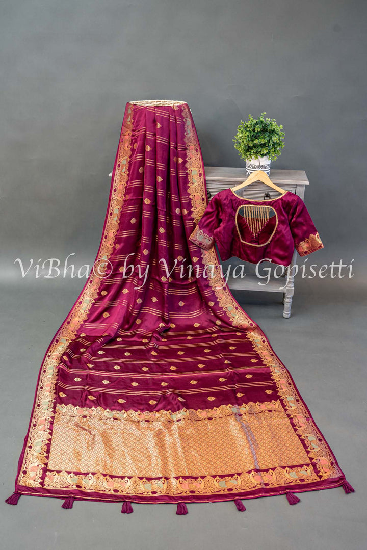 Dark Wine Raw Mango Banarasi Silk Saree And Blouse Wirh Lines Zari And Meenakari Work