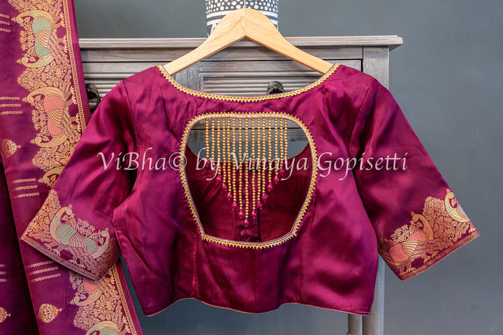 Dark Wine Raw Mango Banarasi Silk Saree And Blouse Wirh Lines Zari And Meenakari Work