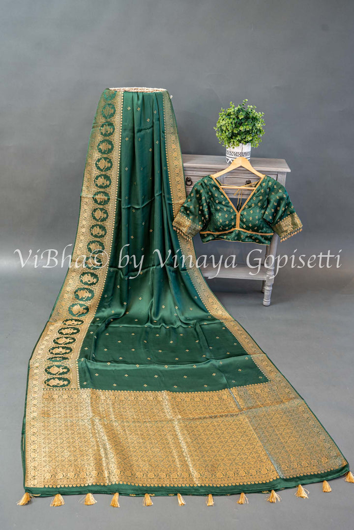 Emerald Green Raw Mango Banarasi Silk Saree And Blouse