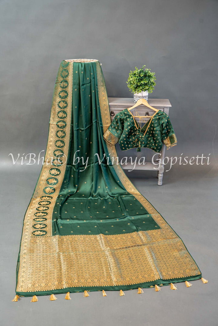 Emerald Green Raw Mango Banarasi Silk Saree And Blouse