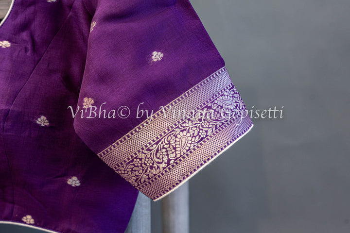 Violet Kora Banarasi Silk Saree and Blouse with Zari