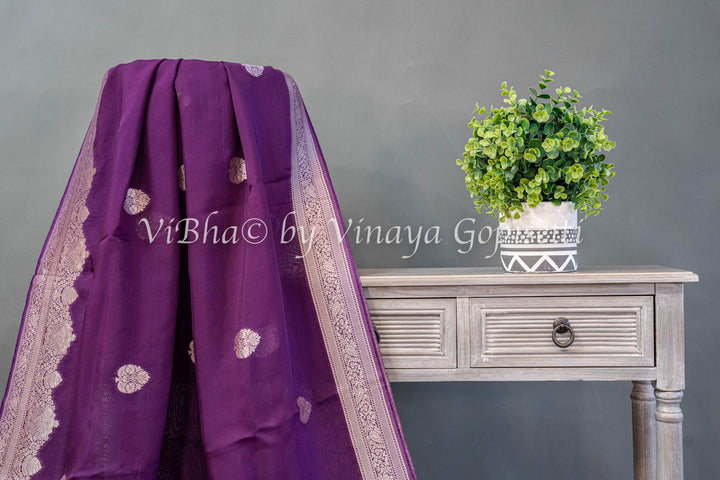 Violet Kora Banarasi Silk Saree and Blouse with Zari