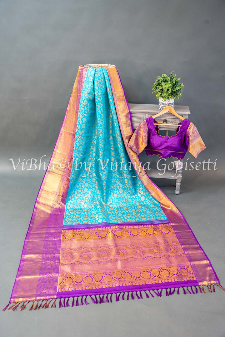 Sky Blue And Purple Kanchi Silk Saree And Blouse