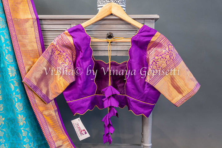 Sky Blue And Purple Kanchi Silk Saree And Blouse