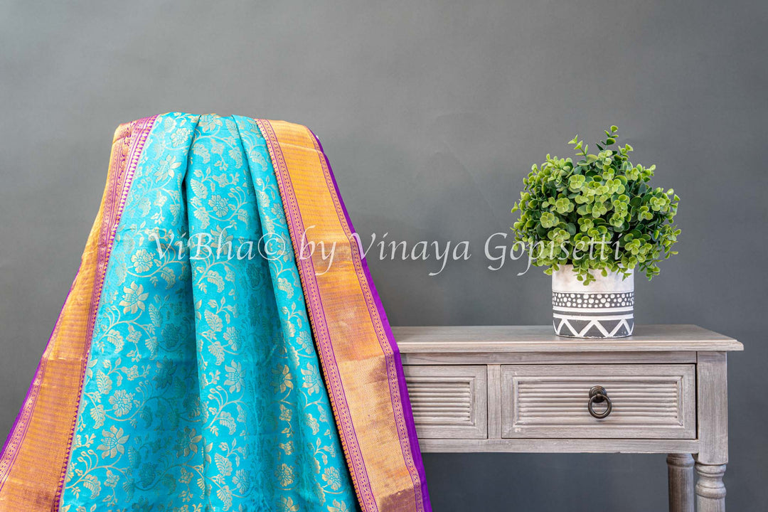 Sky Blue And Purple Kanchi Silk Saree And Blouse