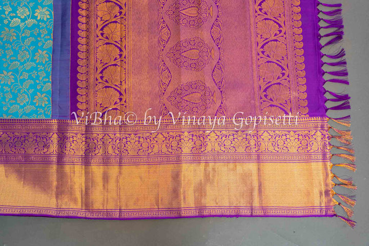 Sky Blue And Purple Kanchi Silk Saree And Blouse