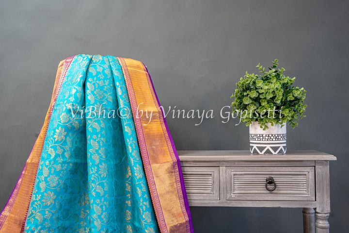 Sky Blue And Purple Kanchi Silk Saree And Blouse