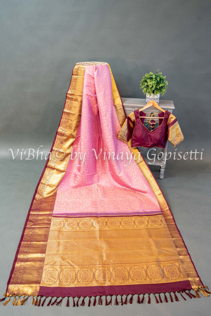 Pink And Burgundy Kanchi Silk Saree And Blouse