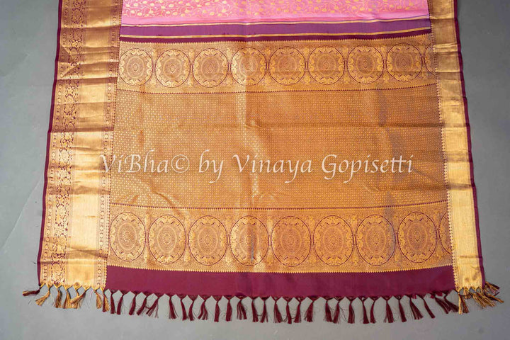 Pink And Burgundy Kanchi Silk Saree And Blouse