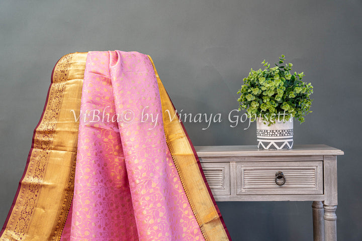 Pink And Burgundy Kanchi Silk Saree And Blouse