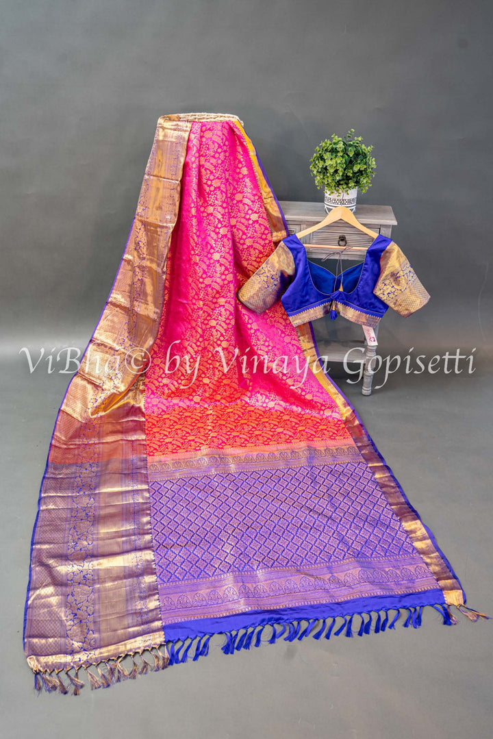 Pink And Royal Blue Kanchi Silk Saree And Blouse