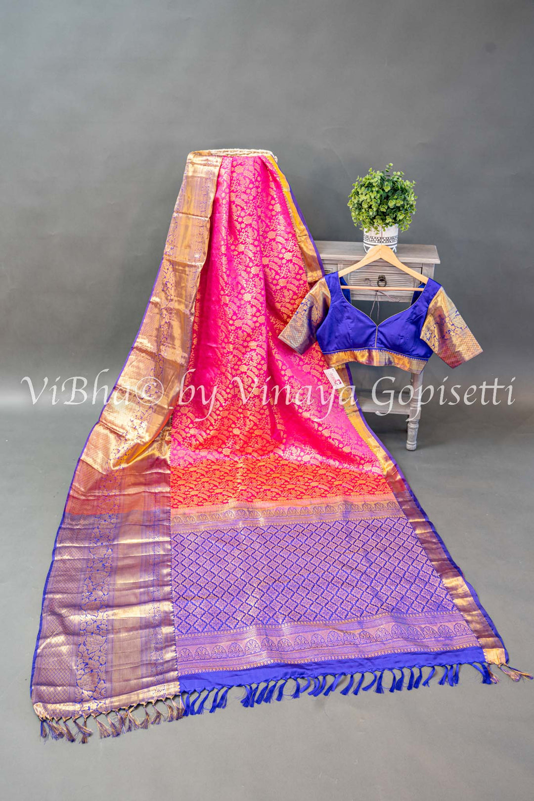 Pink And Royal Blue Kanchi Silk Saree And Blouse