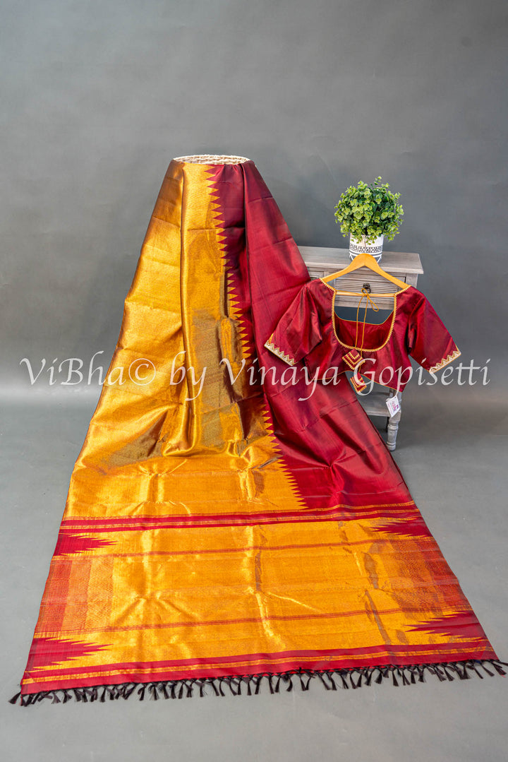 Maroon Rising Border Kanchi Silk Saree And Blouse