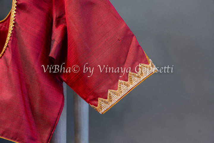 Maroon Rising Border Kanchi Silk Saree And Blouse