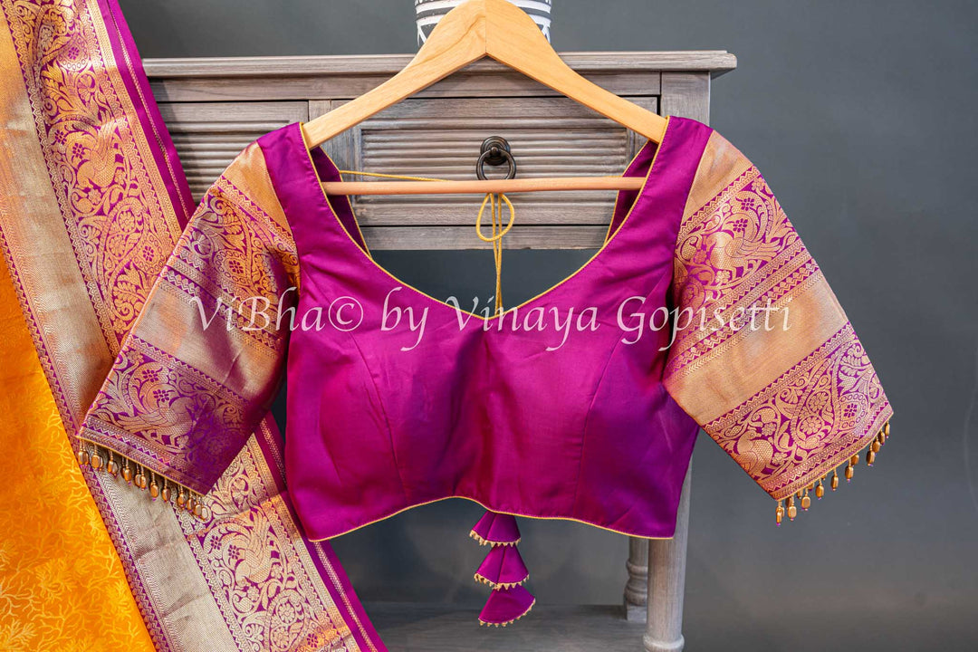 Yellow And Purple Kanchi Silk Saree And Blouse