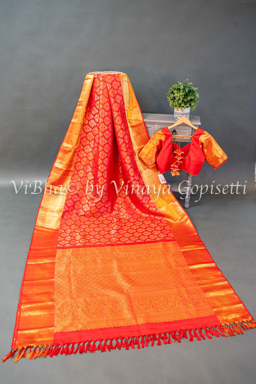 Red Gold And Silver Zari Kanchi Silk Saree And Blouse