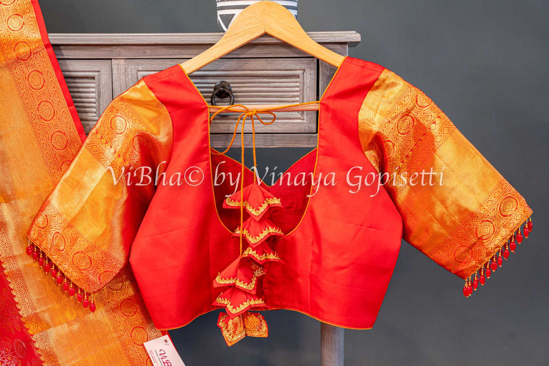 Red Gold And Silver Zari Kanchi Silk Saree And Blouse