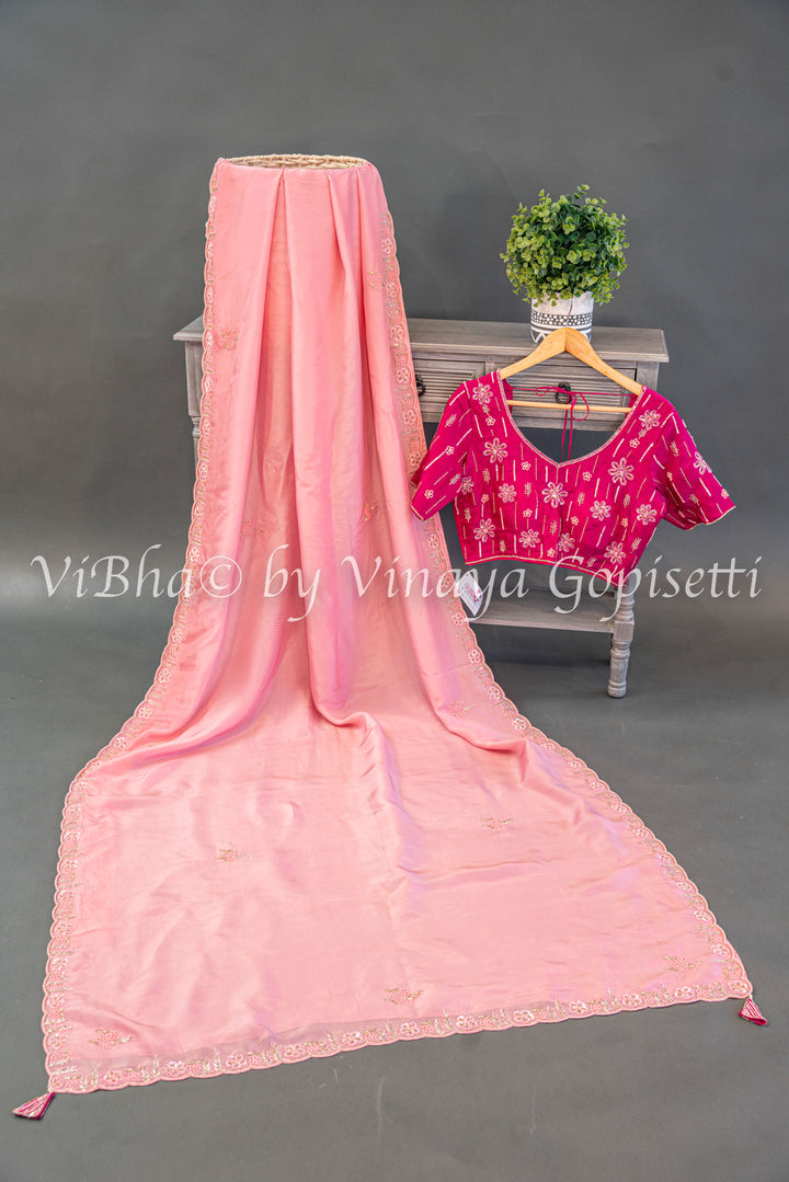 Dark And Light Pink Embroidered Saree And Blouse