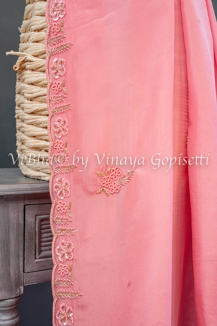 Dark And Light Pink Embroidered Saree And Blouse