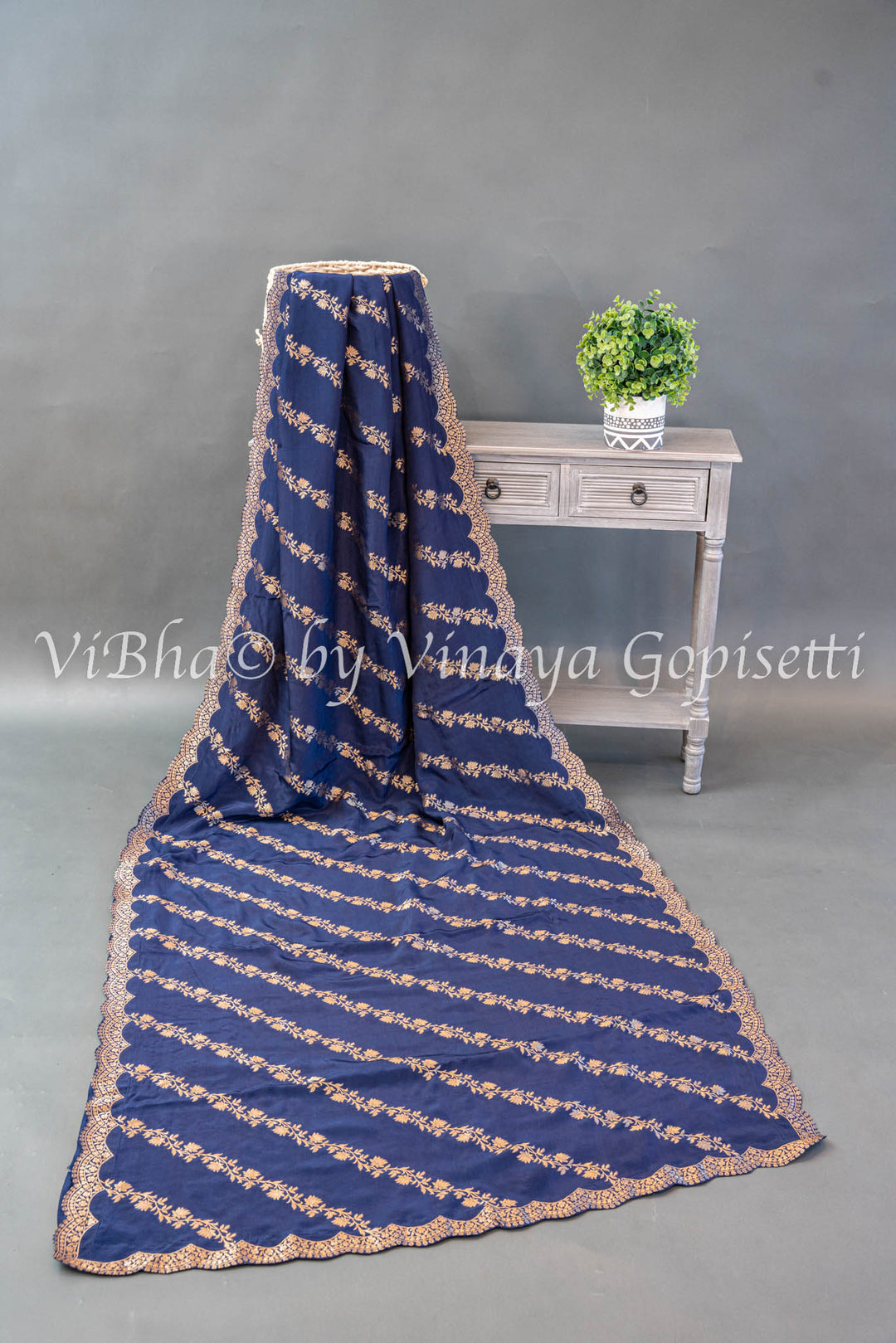 Navy Blue Banarasi Silk Saree And Blouse With Diagonal Lines And Scalloped Borders