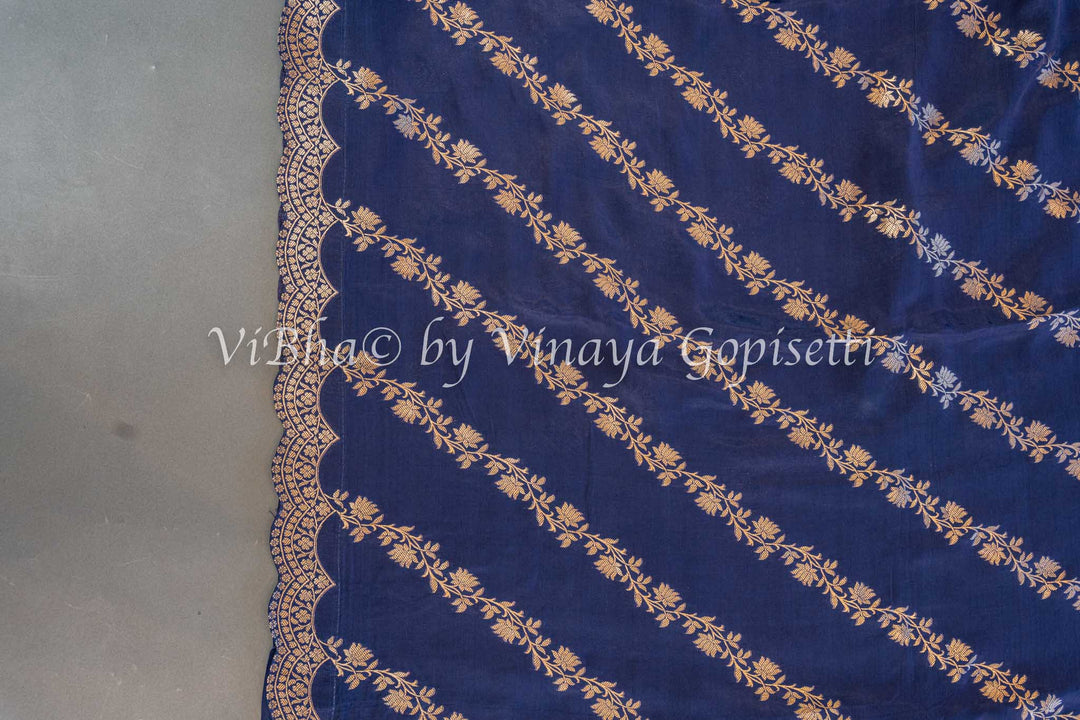 Navy Blue Banarasi Silk Saree And Blouse With Diagonal Lines And Scalloped Borders