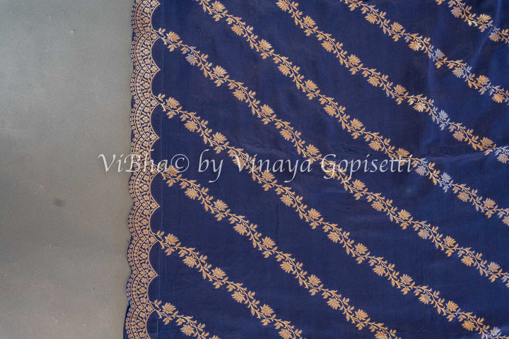 Navy Blue Banarasi Silk Saree And Blouse With Diagonal Lines And Scalloped Borders