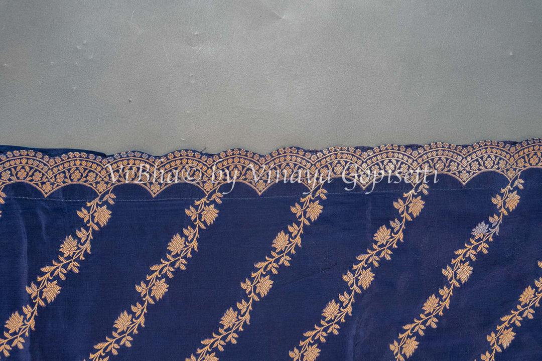 Navy Blue Banarasi Silk Saree And Blouse With Diagonal Lines And Scalloped Borders