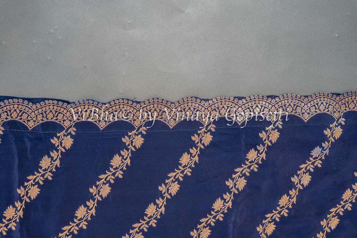 Navy Blue Banarasi Silk Saree And Blouse With Diagonal Lines And Scalloped Borders