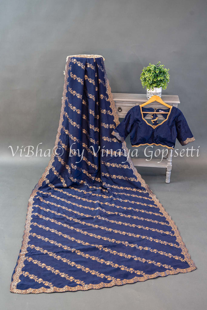 Navy Blue Banarasi Silk Saree And Blouse With Diagonal Lines And Scalloped Borders