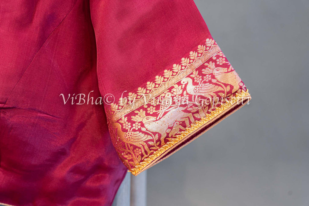 Burgundy Raw Mango Banarasi Silk Saree And Blouse