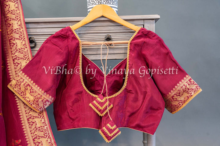 Burgundy Raw Mango Banarasi Silk Saree And Blouse