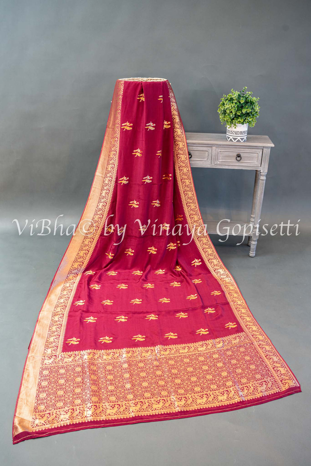 Burgundy Raw Mango Banarasi Silk Saree And Blouse