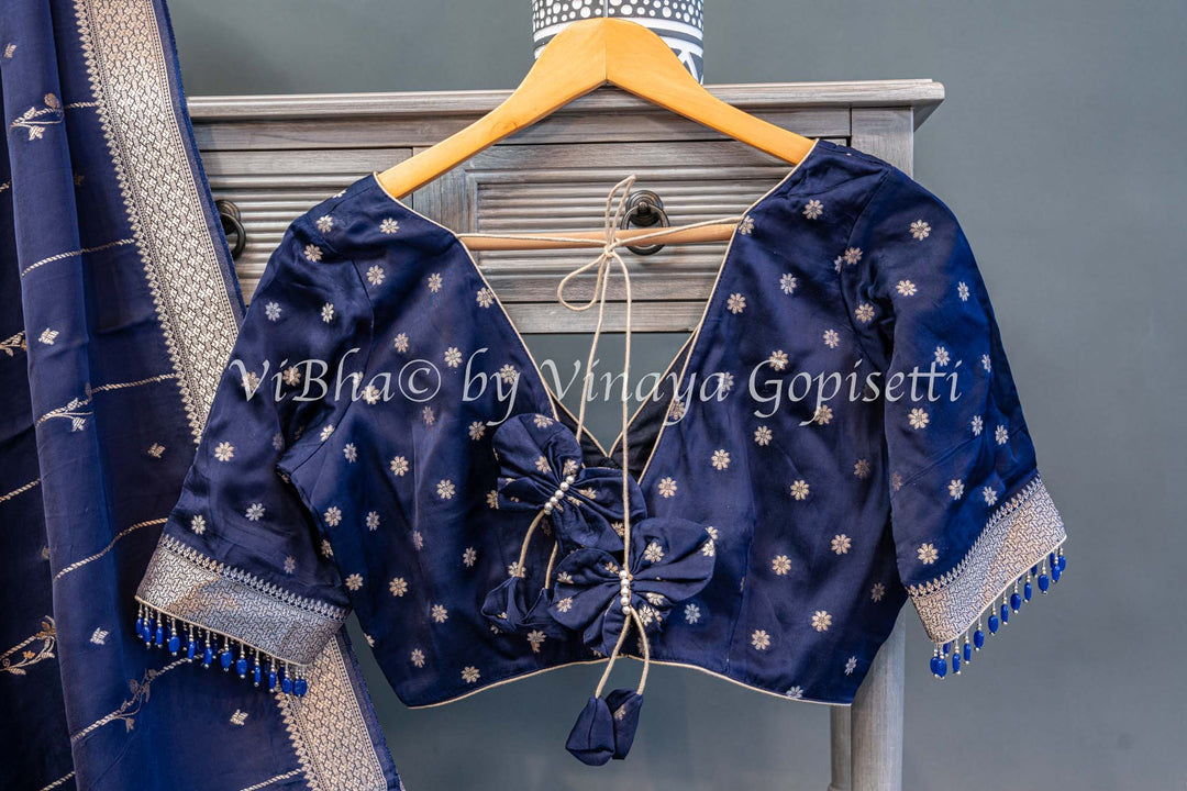 Navy Blue Raw Mango Banarasi Silk Saree And Blouse