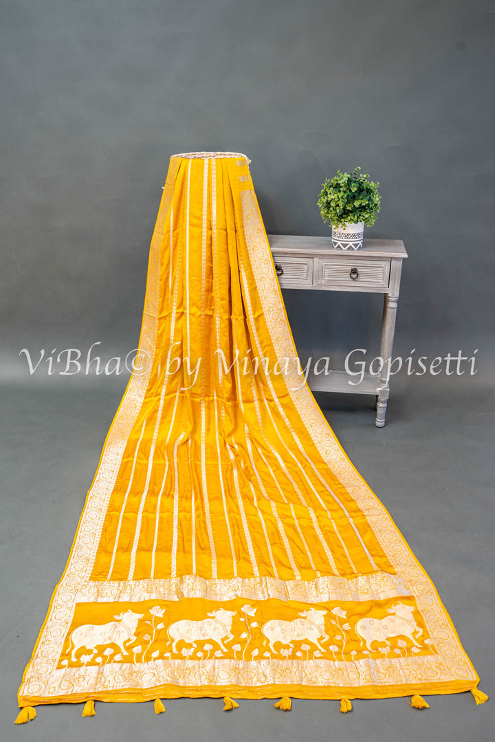 Mustard Yellow Zari Lines and Pichwai Pallu Banarasi Silk Saree with Blouse