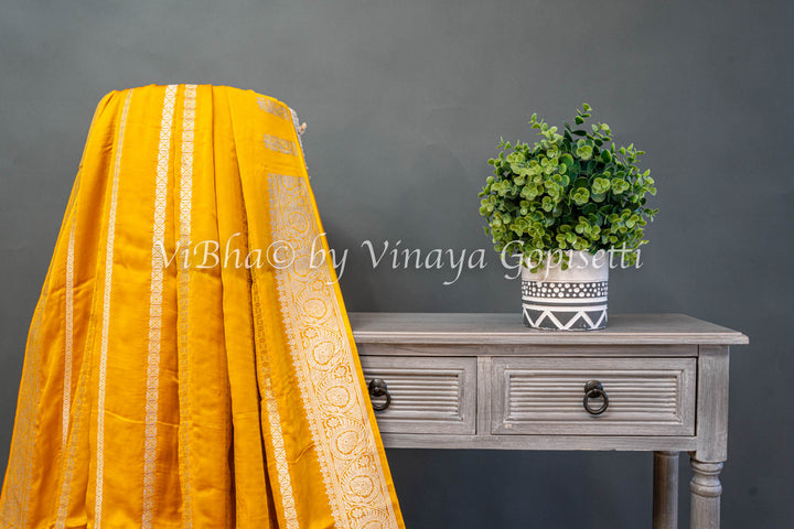 Mustard Yellow Zari Lines and Pichwai Pallu Banarasi Silk Saree with Blouse