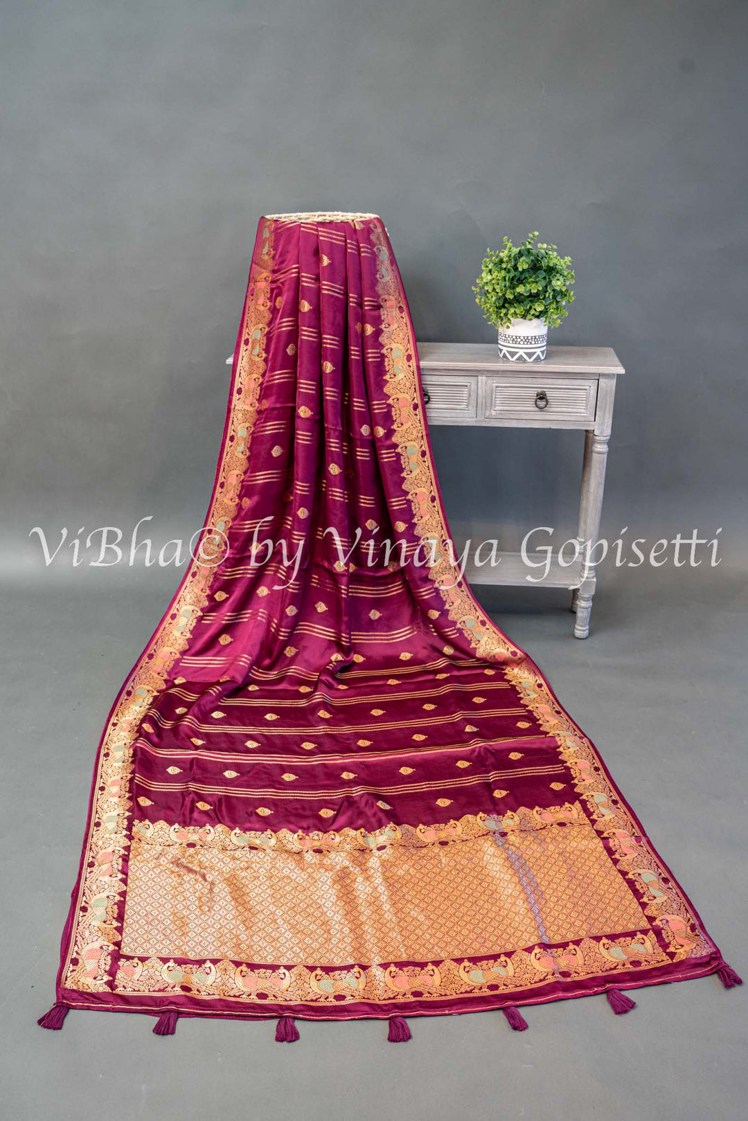 Dark Wine Raw Mango Banarasi Silk Saree And Blouse Wirh Lines Zari And Meenakari Work