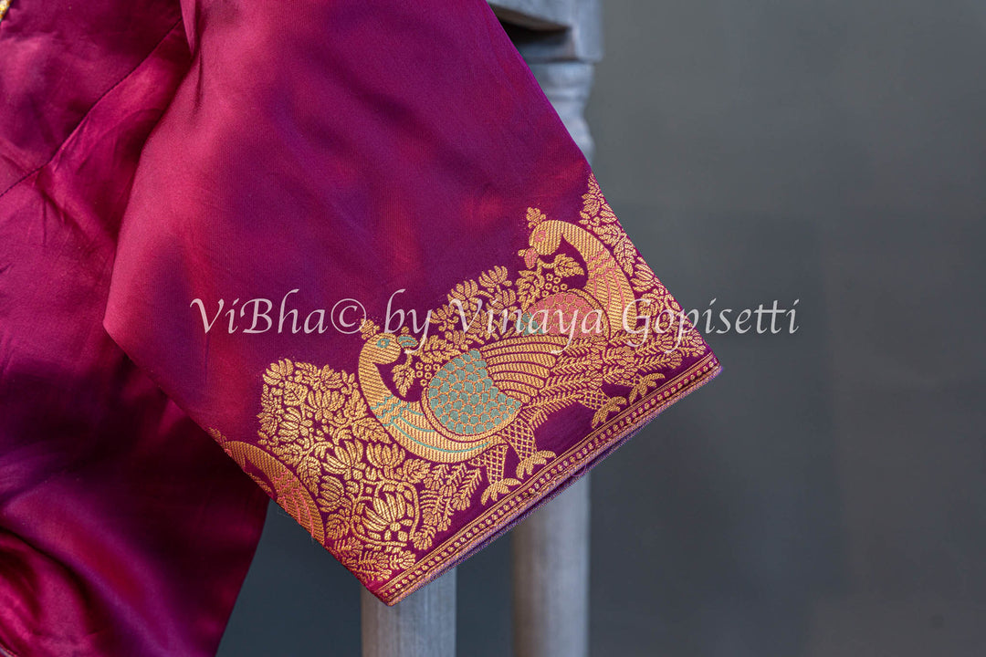 Dark Wine Raw Mango Banarasi Silk Saree And Blouse Wirh Lines Zari And Meenakari Work