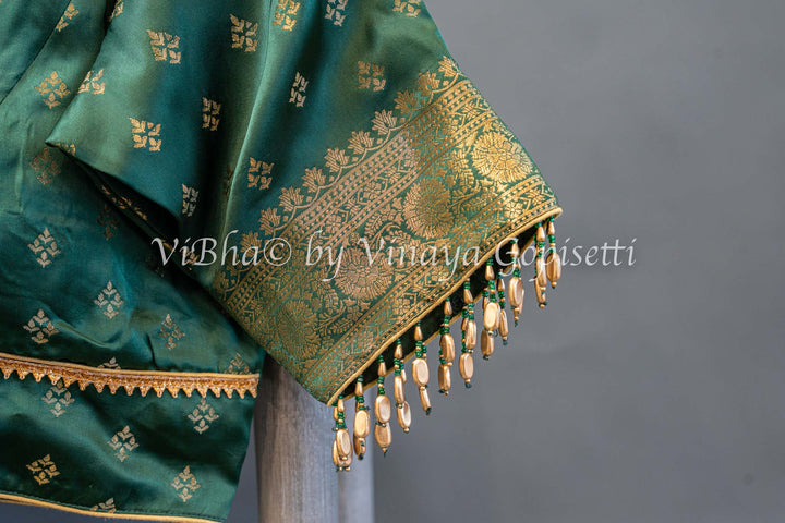 Emerald Green Raw Mango Banarasi Silk Saree And Blouse