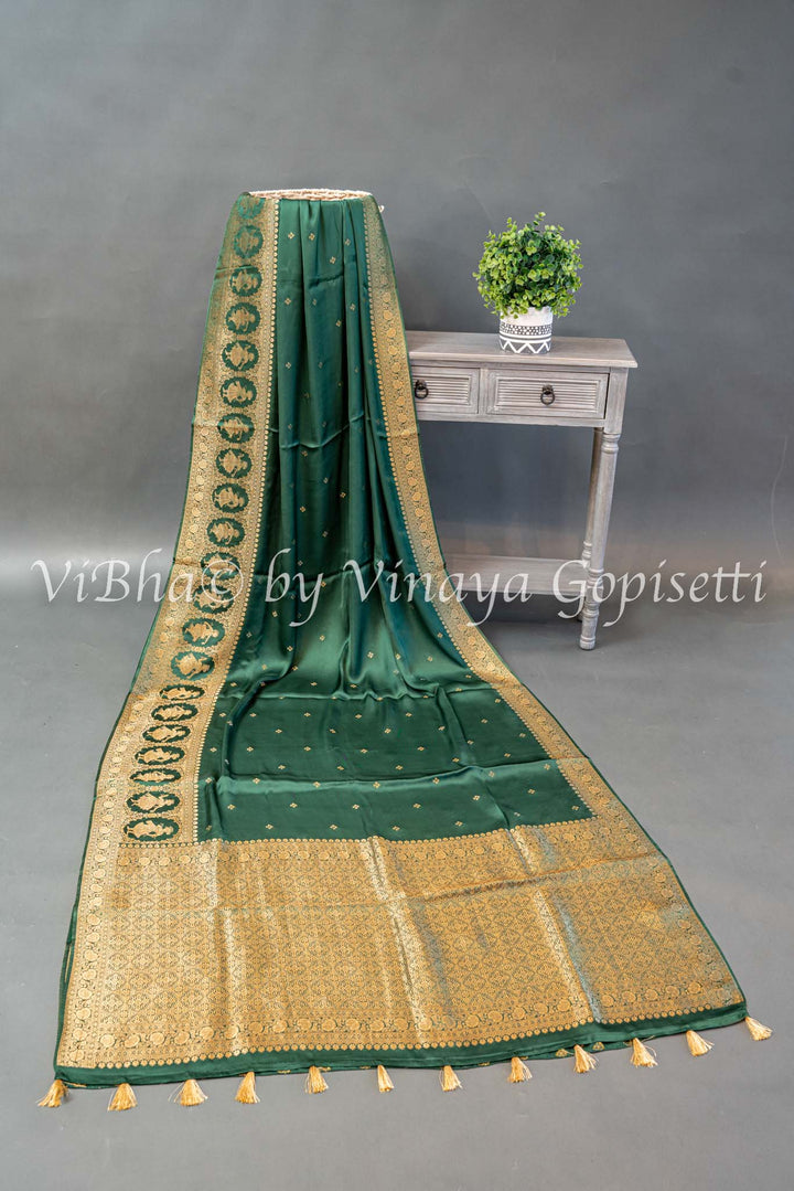 Emerald Green Raw Mango Banarasi Silk Saree And Blouse