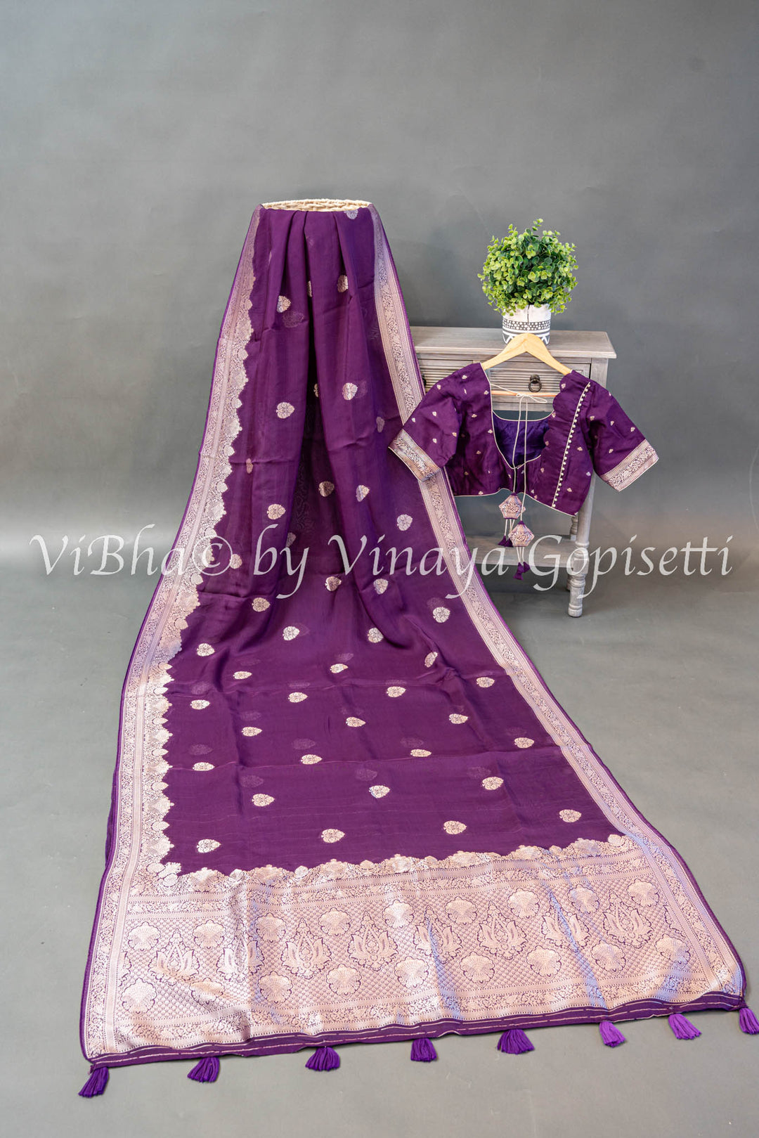 Violet Kora Banarasi Silk Saree and Blouse with Zari