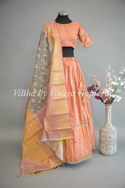 Copper Kanchi Silk Lehenga with Embroidered Borders And Pen Kalamkari Dupatta