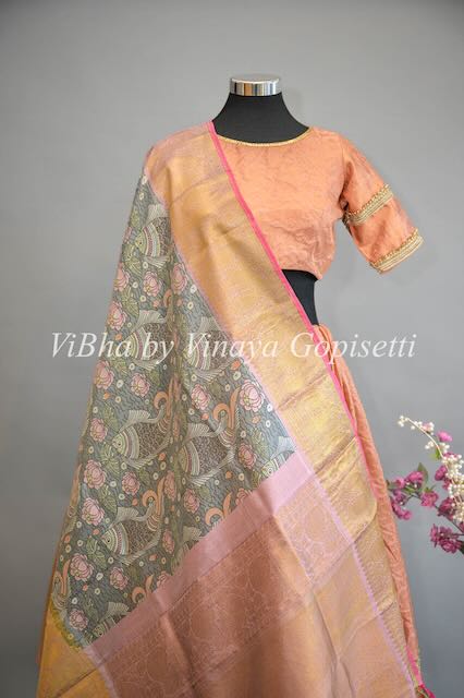 Copper Kanchi Silk Lehenga with Embroidered Borders And Pen Kalamkari Dupatta