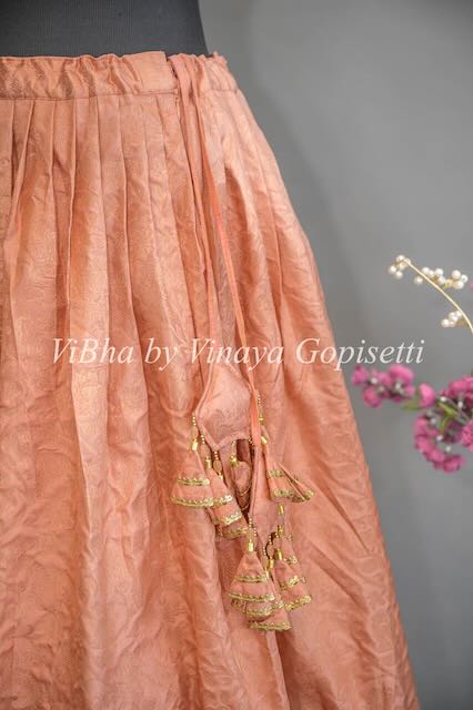 Copper Kanchi Silk Lehenga with Embroidered Borders And Pen Kalamkari Dupatta