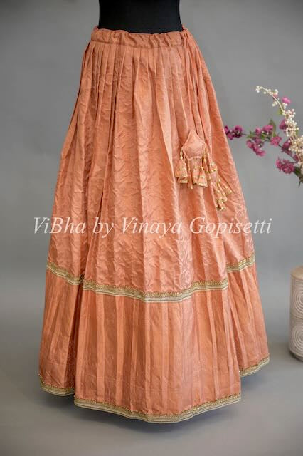 Copper Kanchi Silk Lehenga with Embroidered Borders And Pen Kalamkari Dupatta